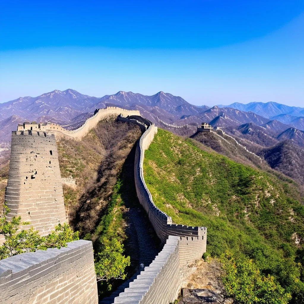 The Great Wall of China winding through mountains