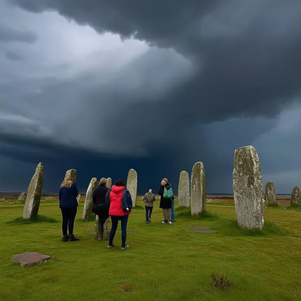 Tourists exploring the Clava Cairns in Scotland.