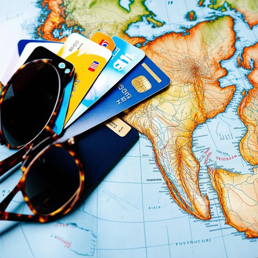 Credit Cards and Passport on Map