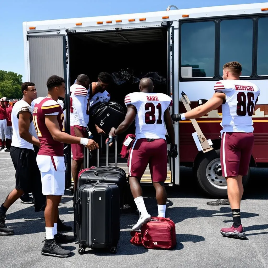 A team unloading equipment from a bus 