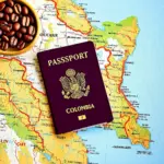 Passport and Coffee Beans on a Colombia Map