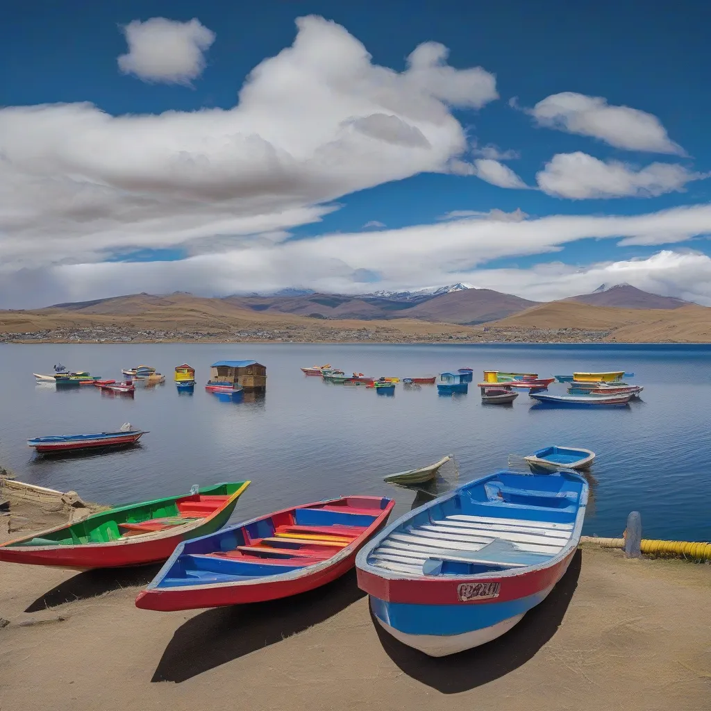 Colorful Boats on Lake Titicaca with Mountains in the Background