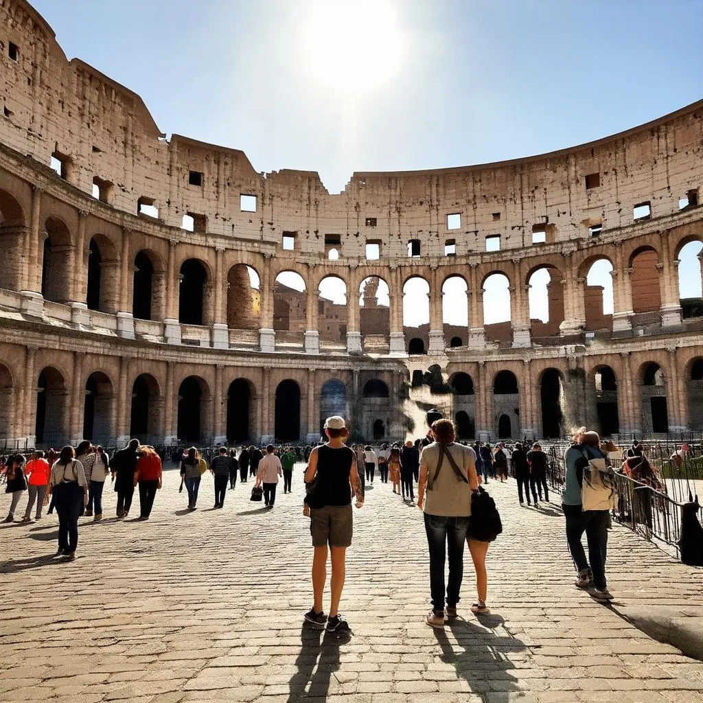 Tourists exploring the Colosseum in Rome, with sunlight filtering through the arches.