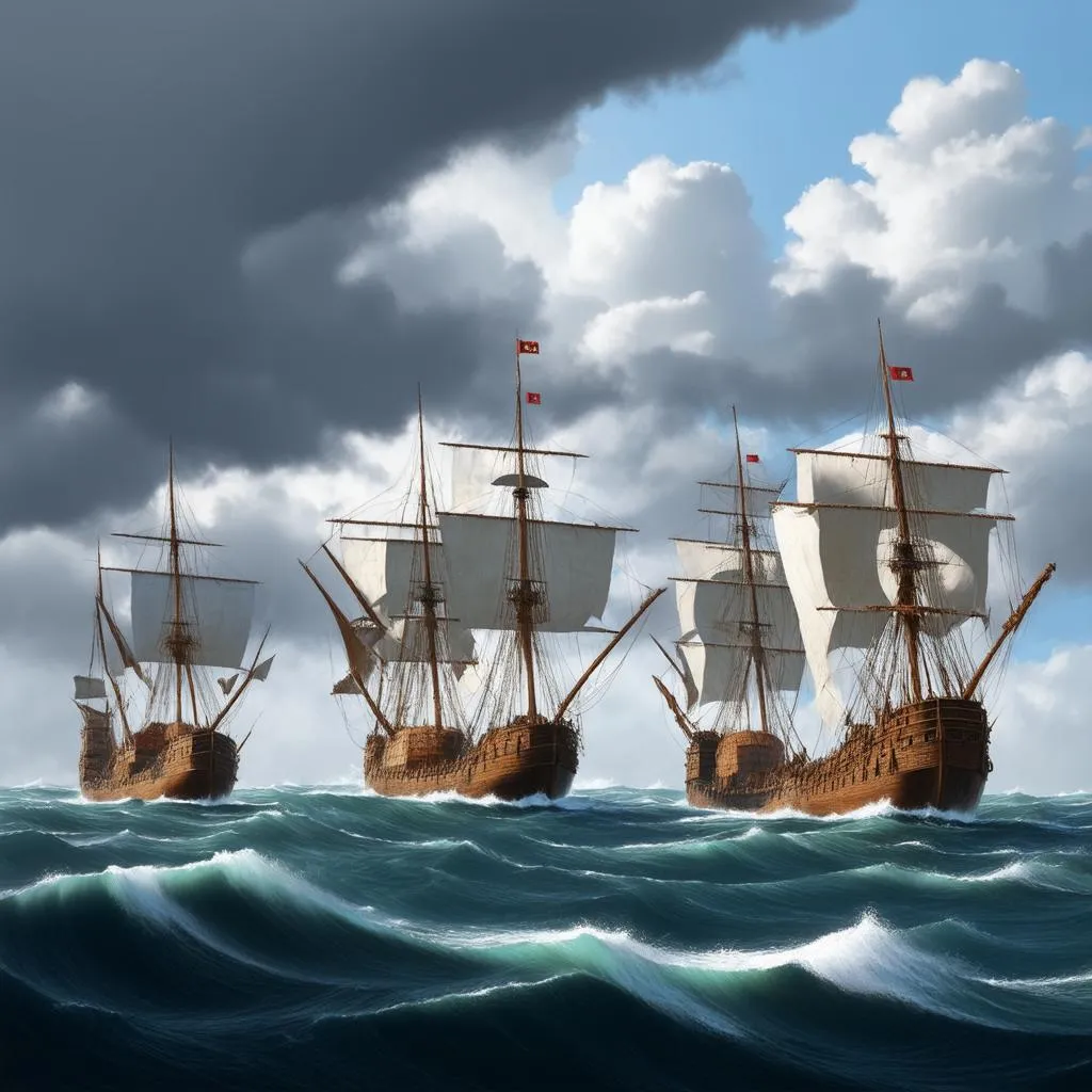 Columbus's ships sailing across the vast ocean