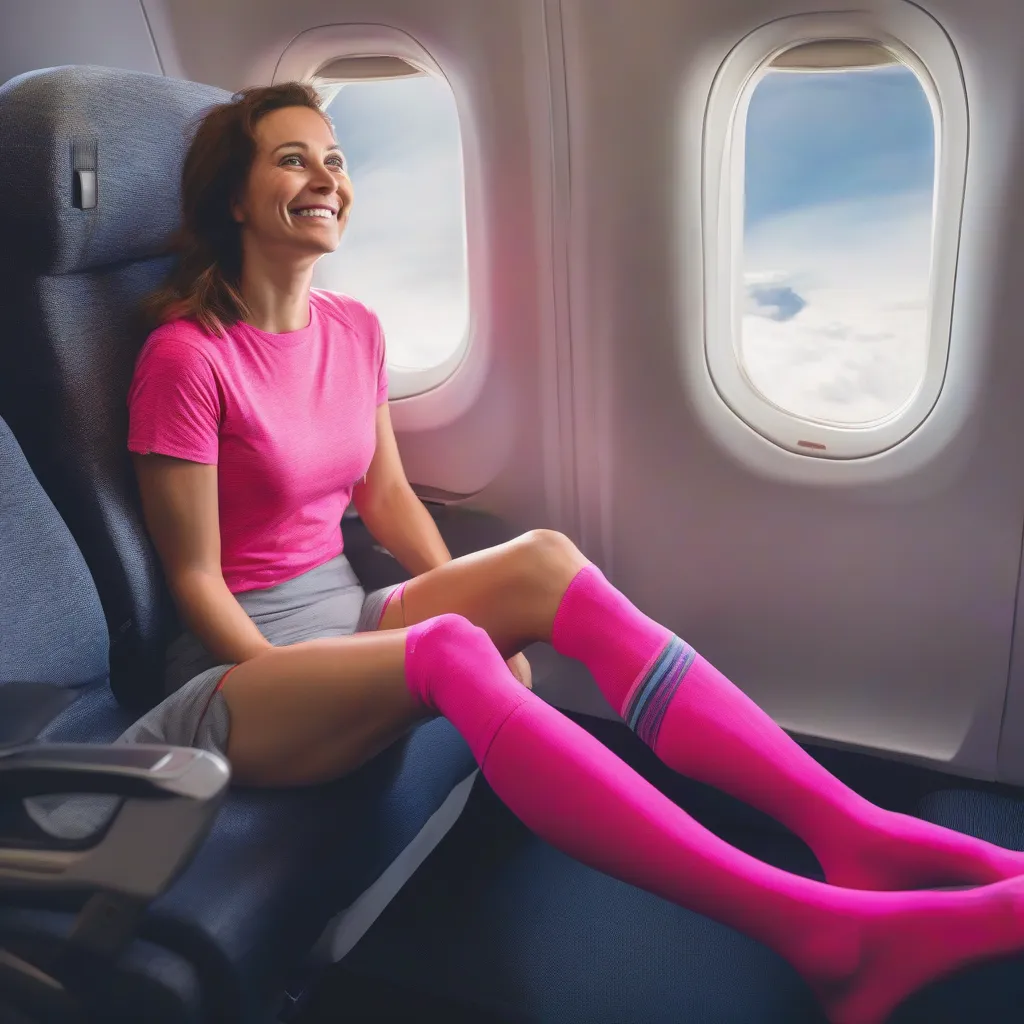 Woman wearing compression socks on a plane