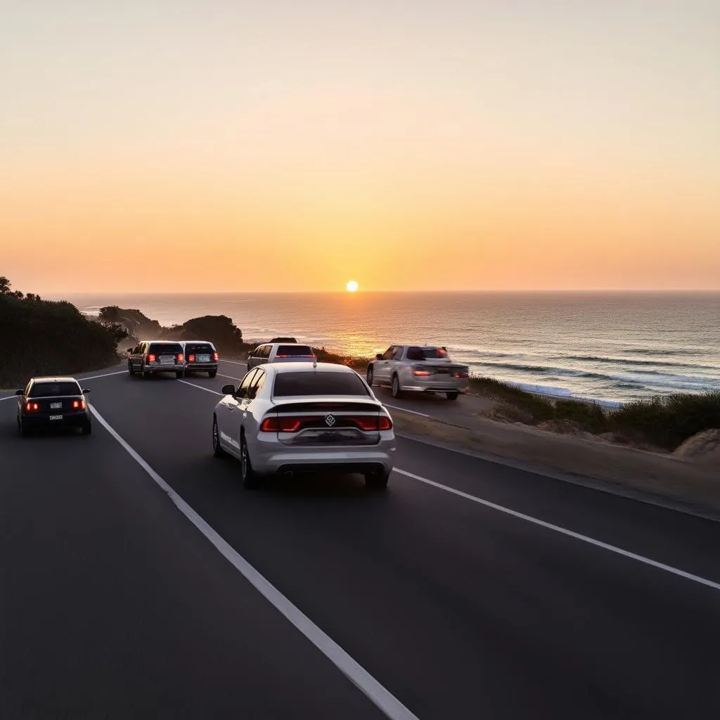 Cars driving in a line on the Pacific Coast Highway at sunset