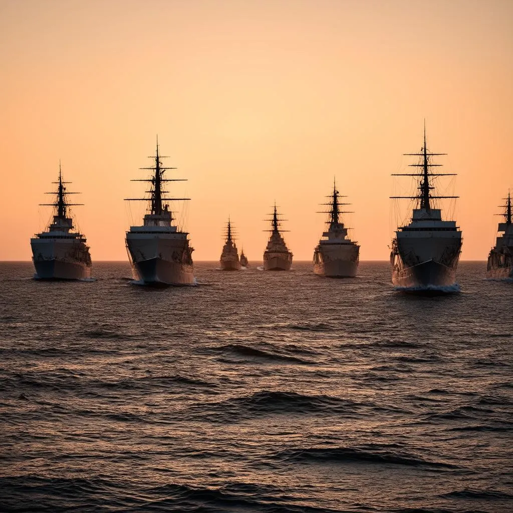 Convoy of Ships at Sunset