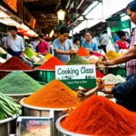 Busy market with colorful spices and fresh produce