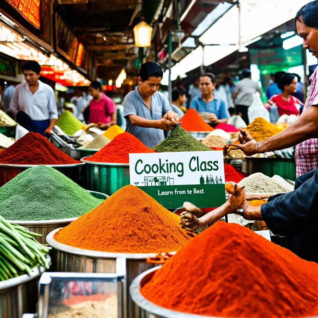 Busy market with colorful spices and fresh produce