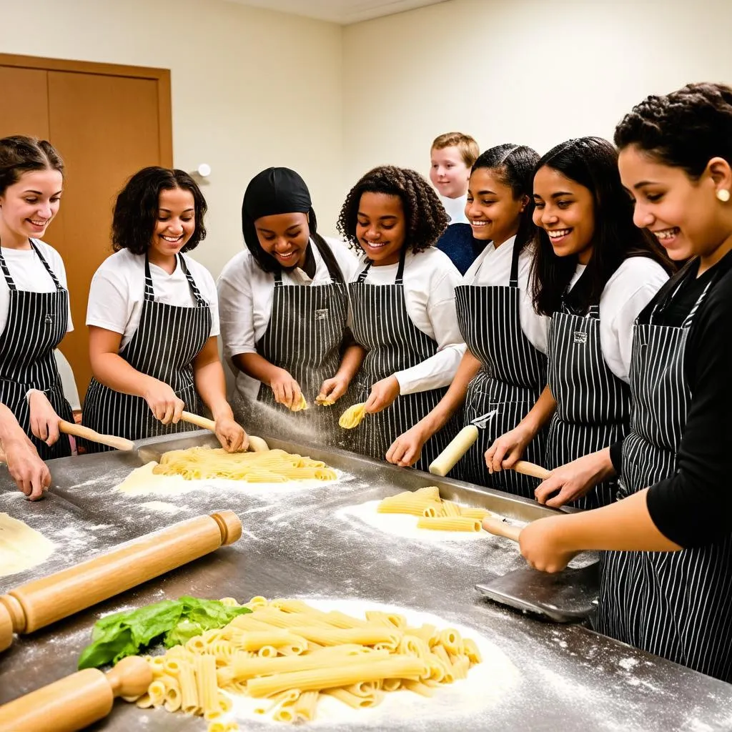 Students making pasta from scratch in a cooking class