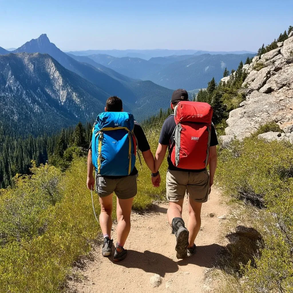 Couple Backpacking Through Mountains