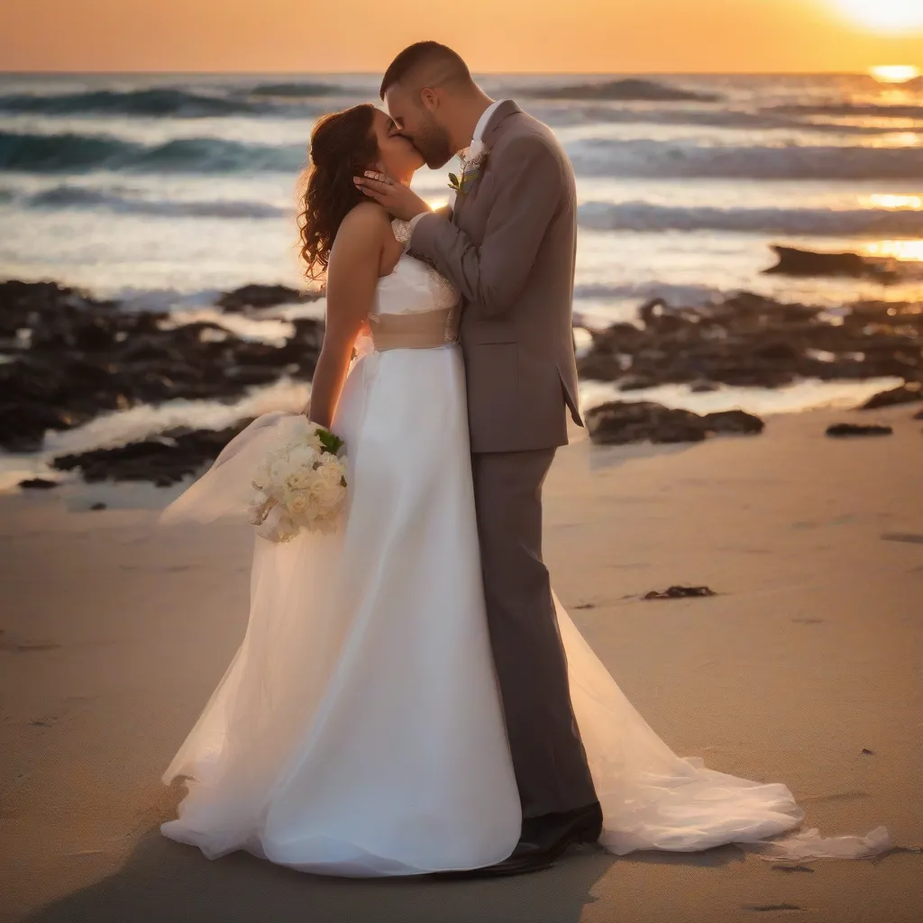 Couple celebrating on a beach at sunset.