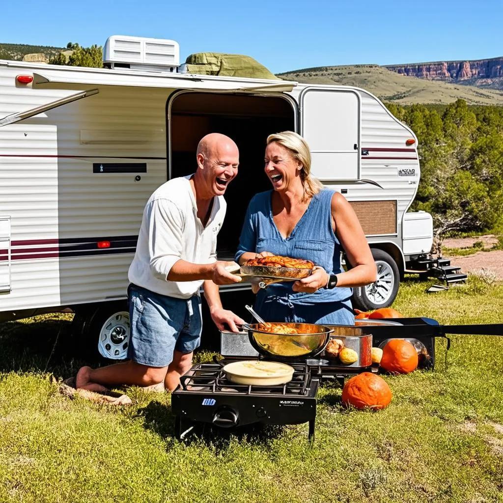 Couple Cooking Outside A-Tab Trailer