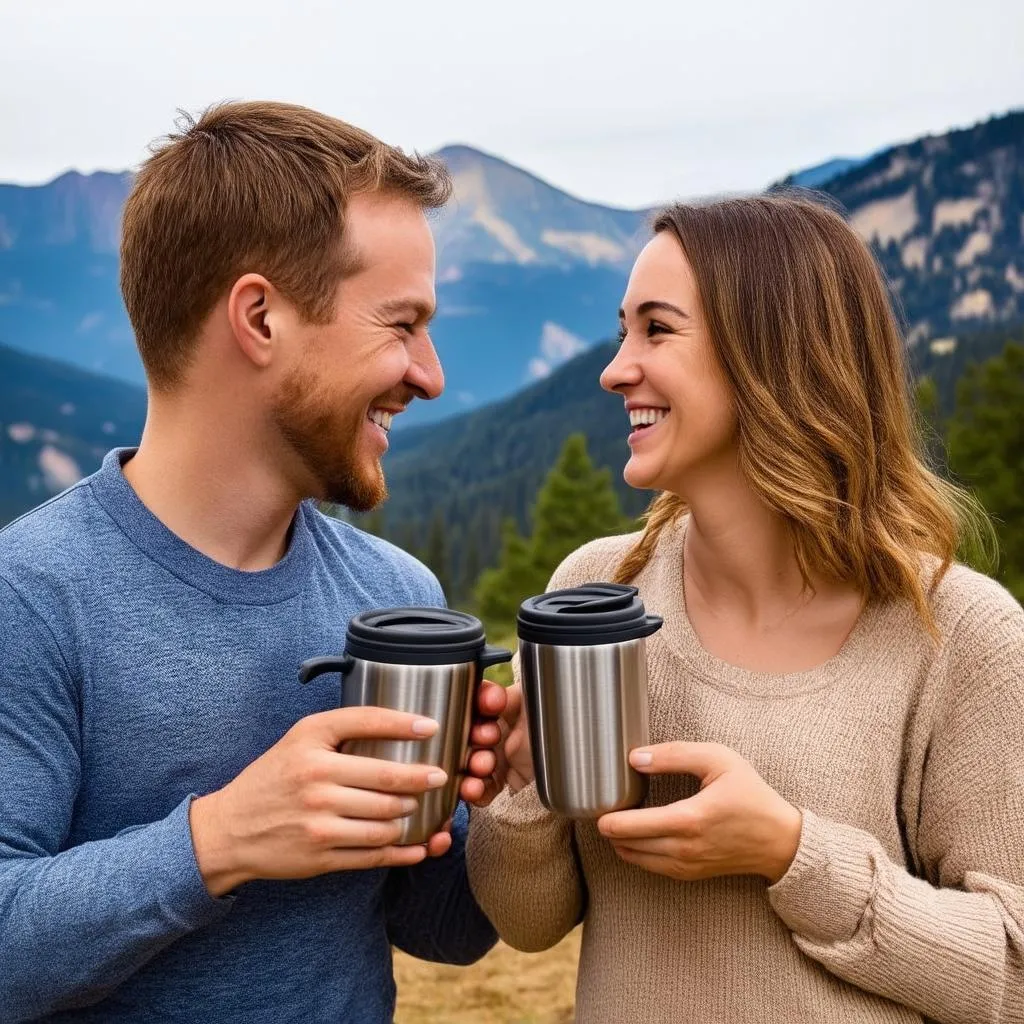 A couple smiles at each other while holding matching stainless steel travel mugs, with a scenic mountain backdrop.