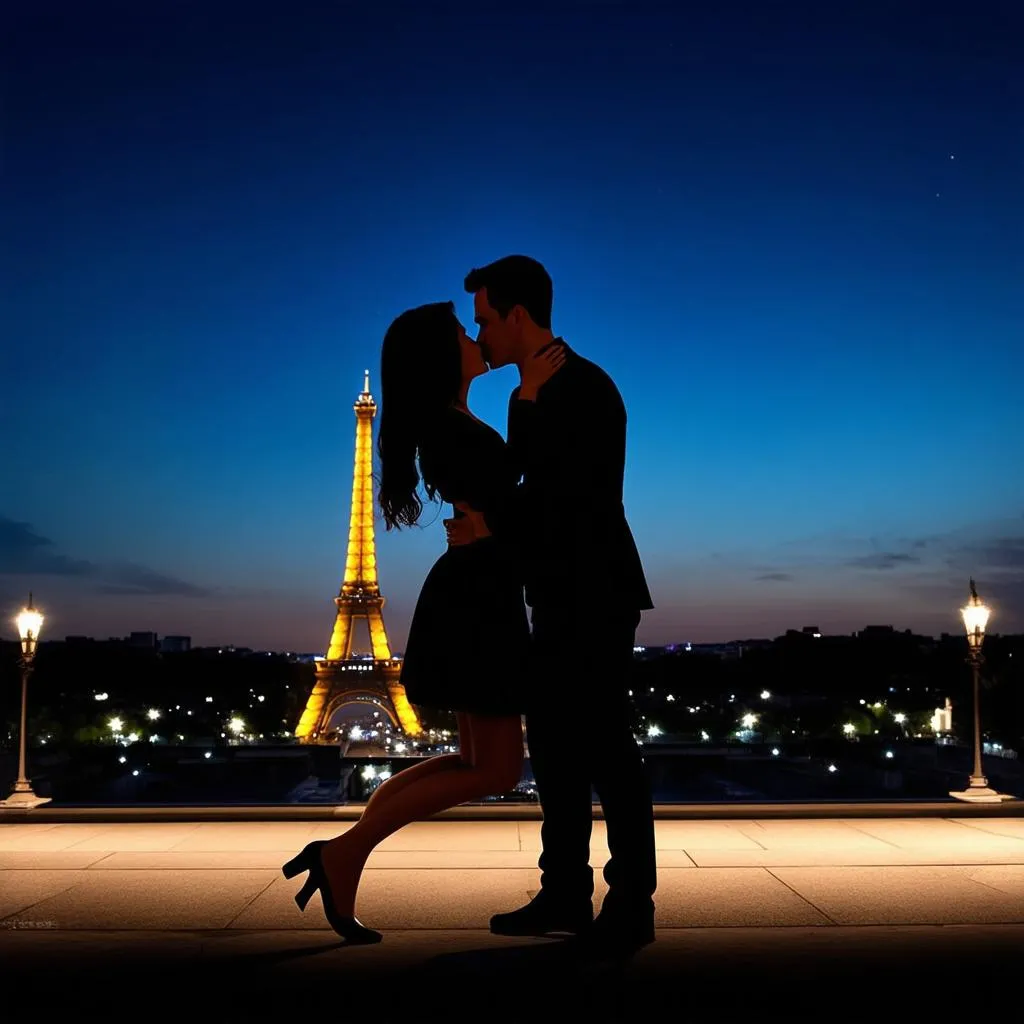 Couple Kissing with Eiffel Tower in Background