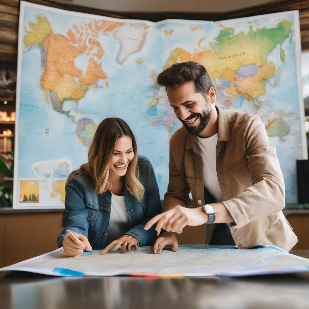 Couple planning a trip using a map and travel guide