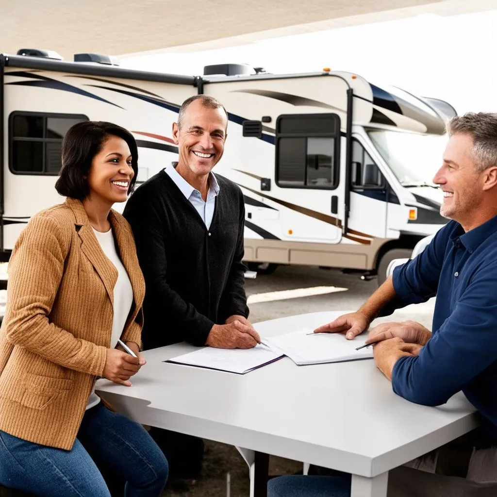 A couple stands at a desk in an RV dealership office, speaking with a sales representative