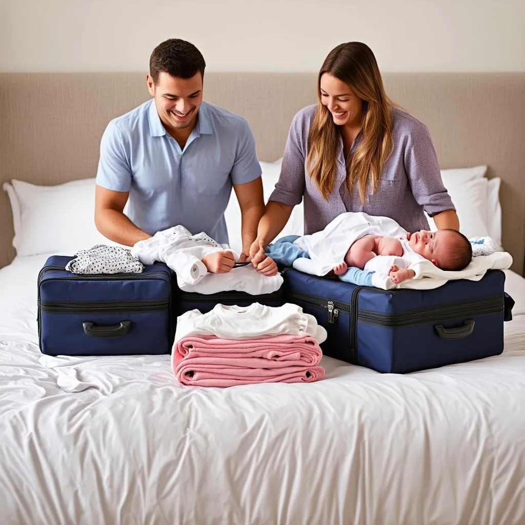 Couple Packing Suitcases with Baby Clothes