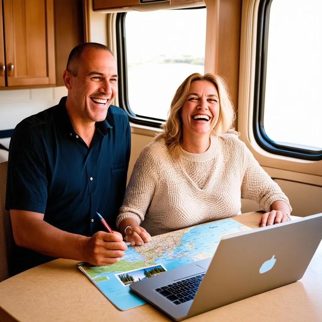 A happy couple planning their next RV trip.