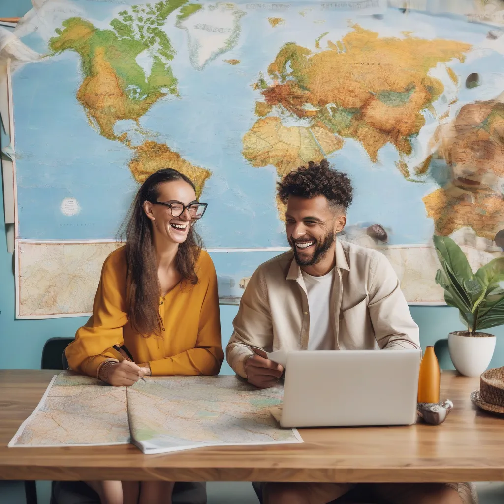 Couple Planning Trip with Laptop and Map