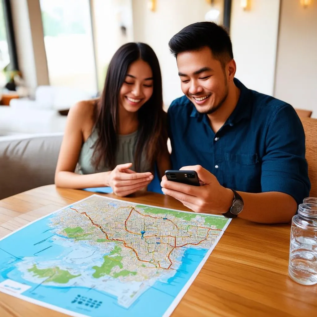 Couple Planning a Trip Using a Travel App