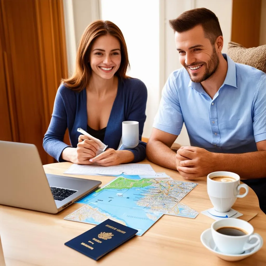 A couple happily discussing their travel plans, with a laptop, map, passport and coffee on the table