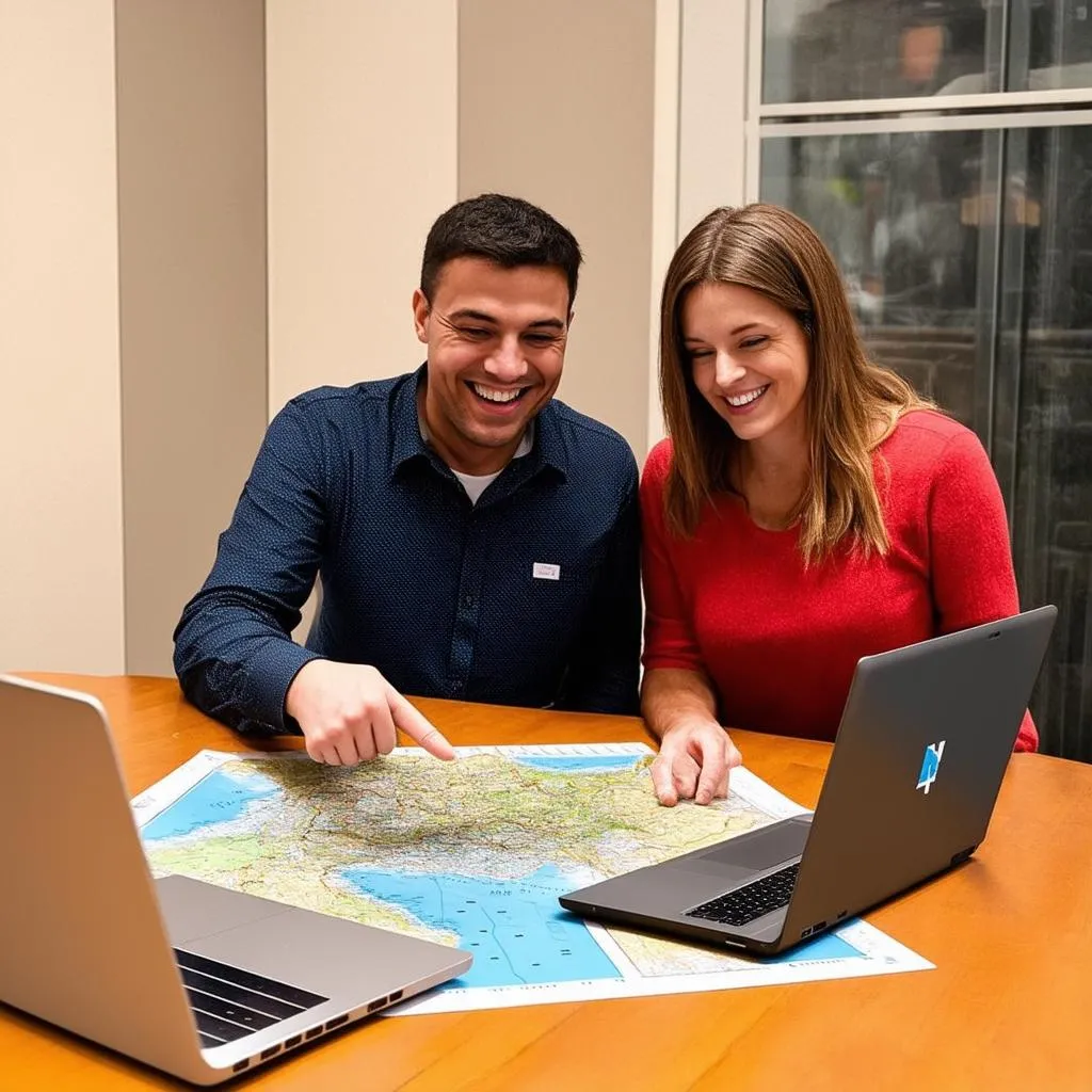 Couple planning a trip using a map and laptop