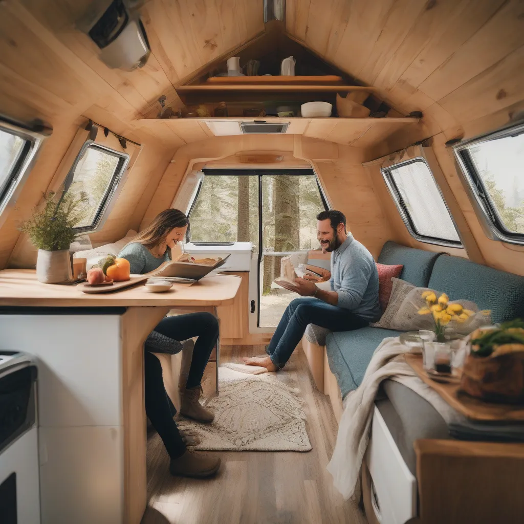 Couple relaxing inside an A-frame trailer