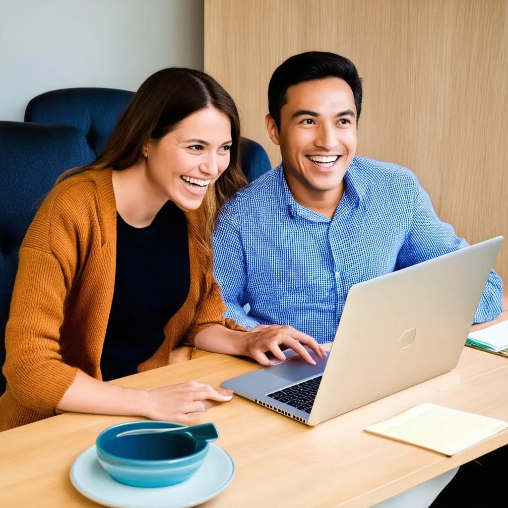 Couple researching travel information on laptop