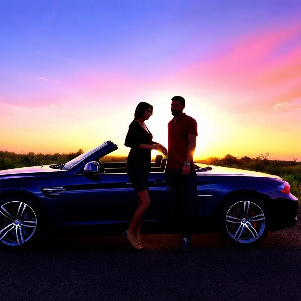 A couple stands beside their sports car, silhouetted against a breathtaking sunset