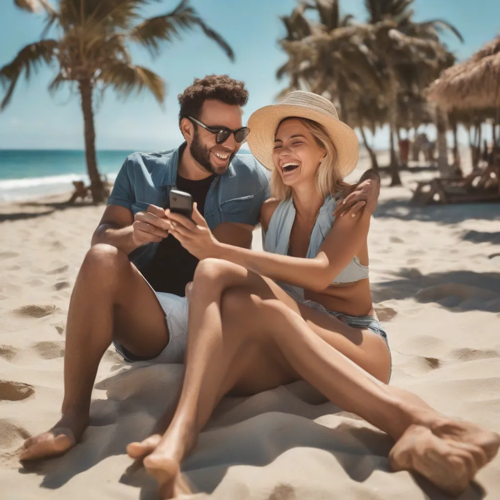 Couple on beach having a video call 