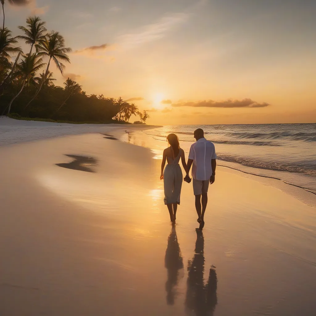 Couple Walking Hand-in-Hand on Beach at Sunset