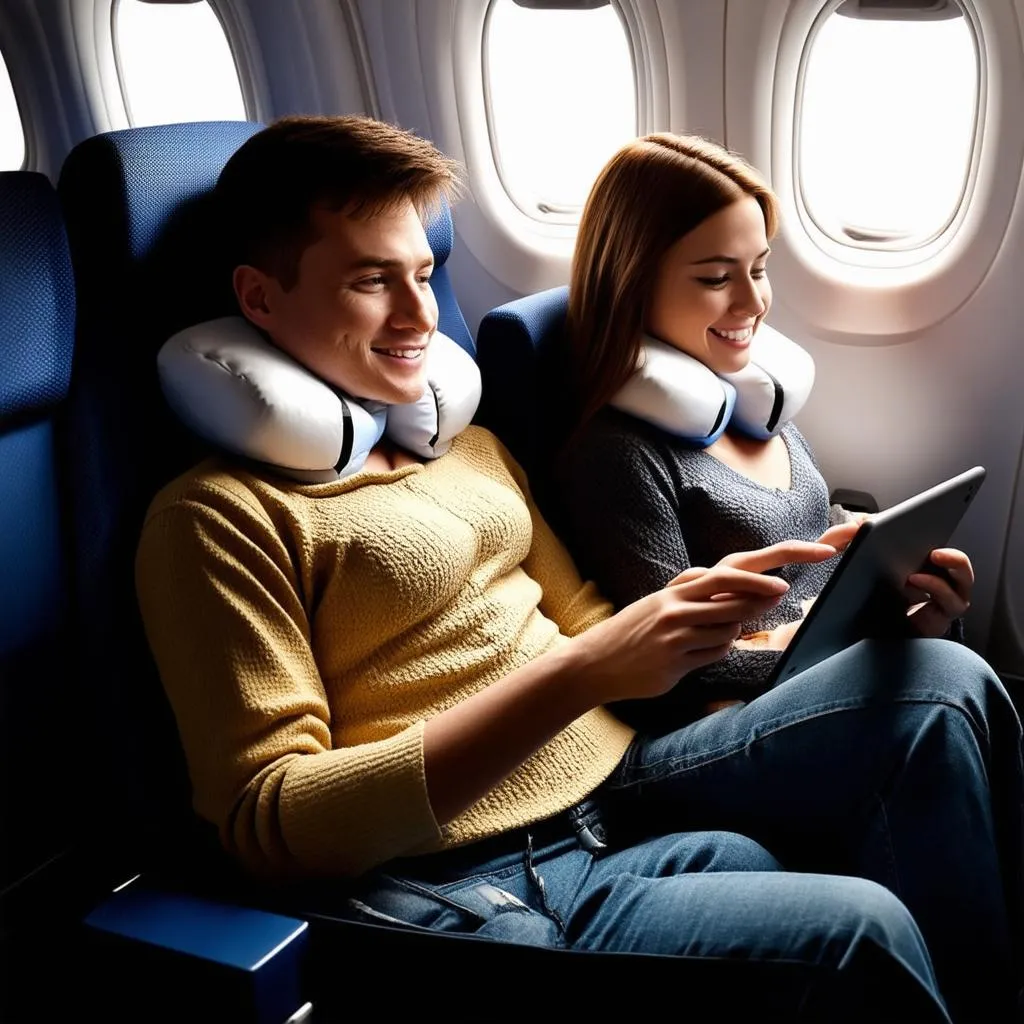 Couple using tablet on airplane