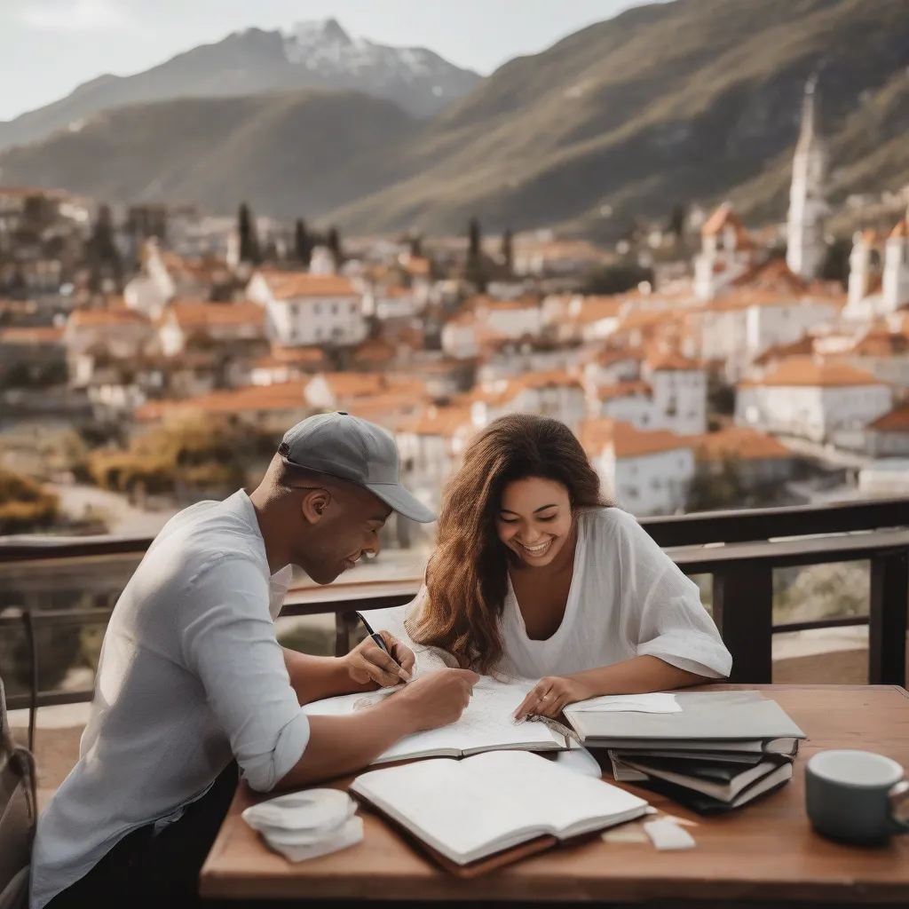 A couple writing in their travel journal with a scenic background.