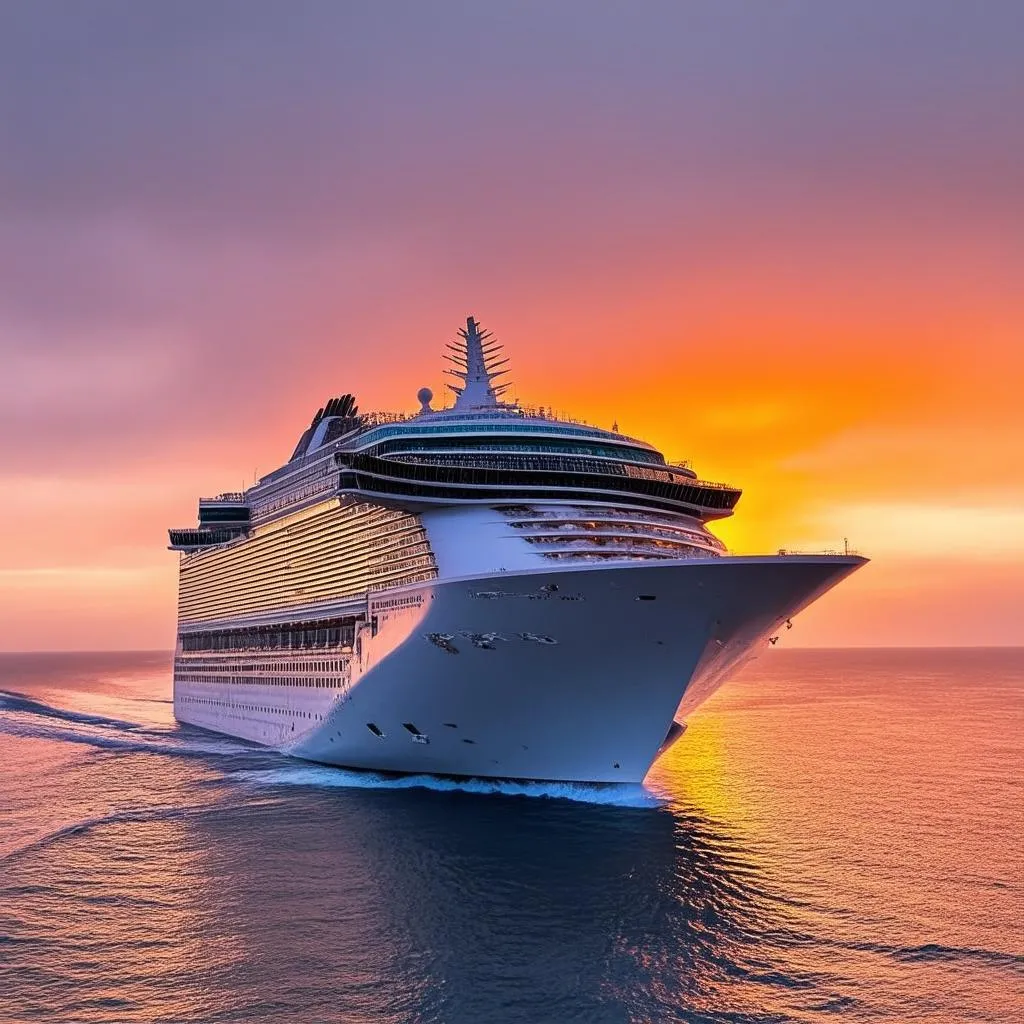 A cruise ship at sunset