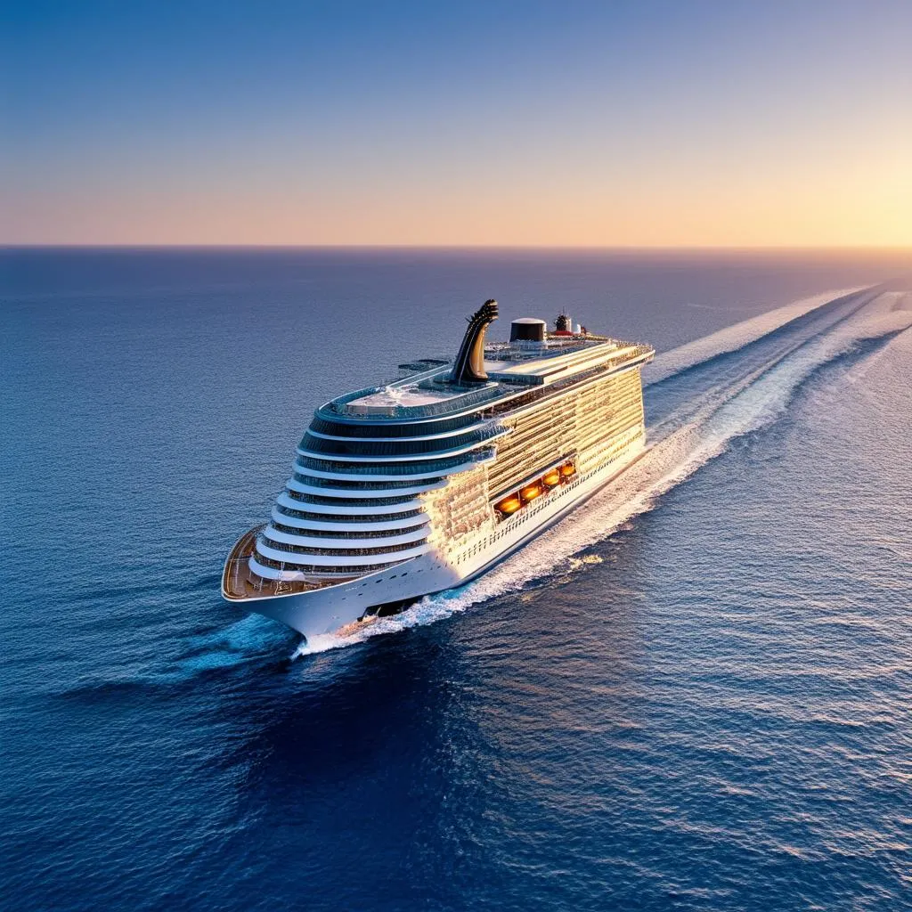 Cruise Ship on Calm Seas at Sunset