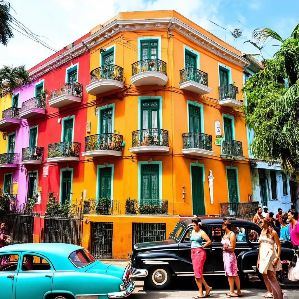 A colorful casa particular in Havana with a balcony overlooking a lively street