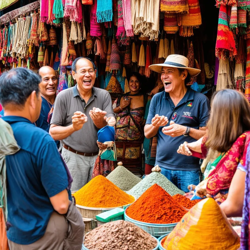 Travelers engaging with locals in a foreign market