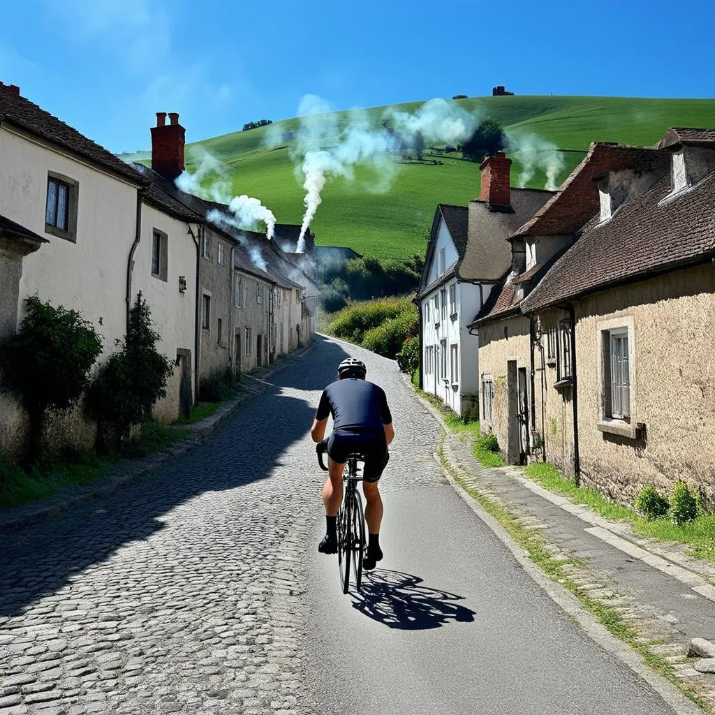 A lone cyclist pedals away from a quaint village