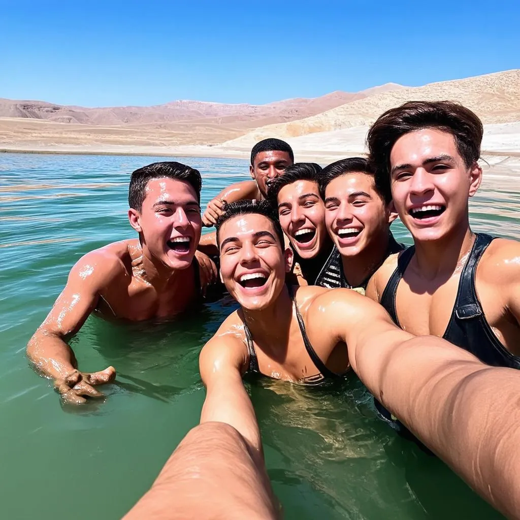 College students floating and relaxing in the Dead Sea