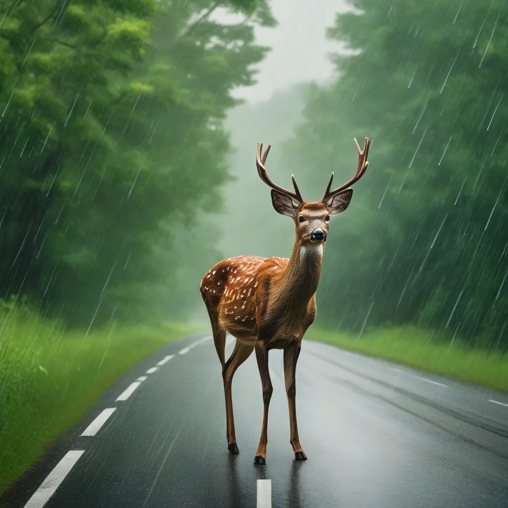 Deer Crossing a Road in the Rain