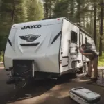 Inspecting the exterior of a Jayco travel trailer for damage.