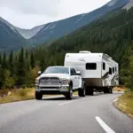 Diesel Truck Towing Travel Trailer Uphill