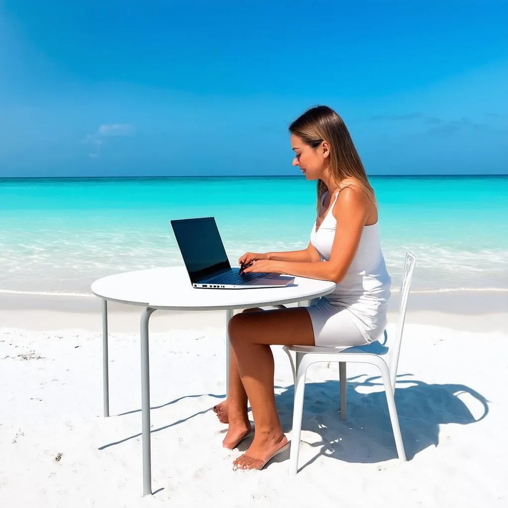 Woman Working on Laptop on Beach