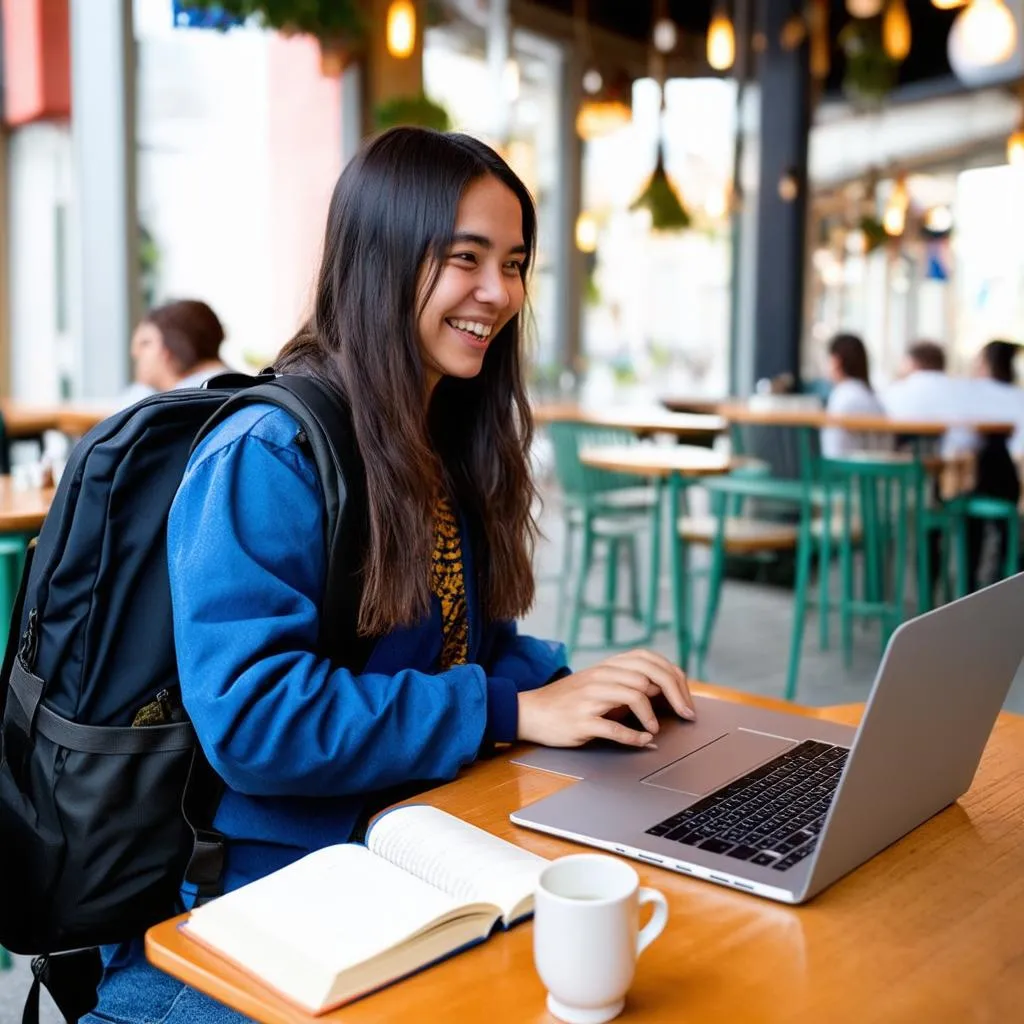 A young woman works on her laptop while sitting at a table in a cafe