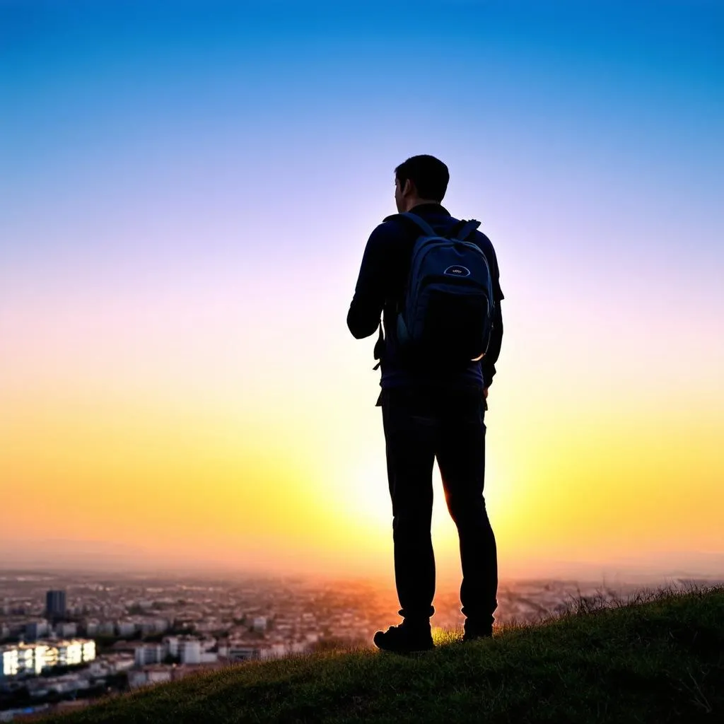 Traveler discovering himself while exploring a new city