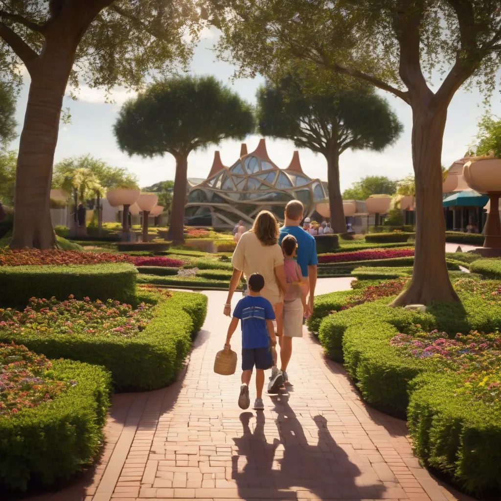 Family exploring a quiet pathway in Epcot