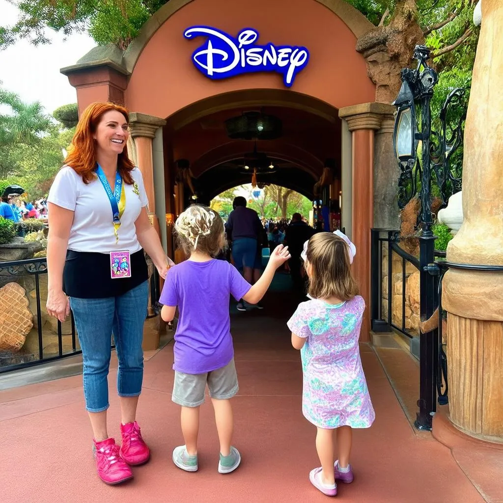 Disney Travel Agent Helping Family at Theme Park Entrance 