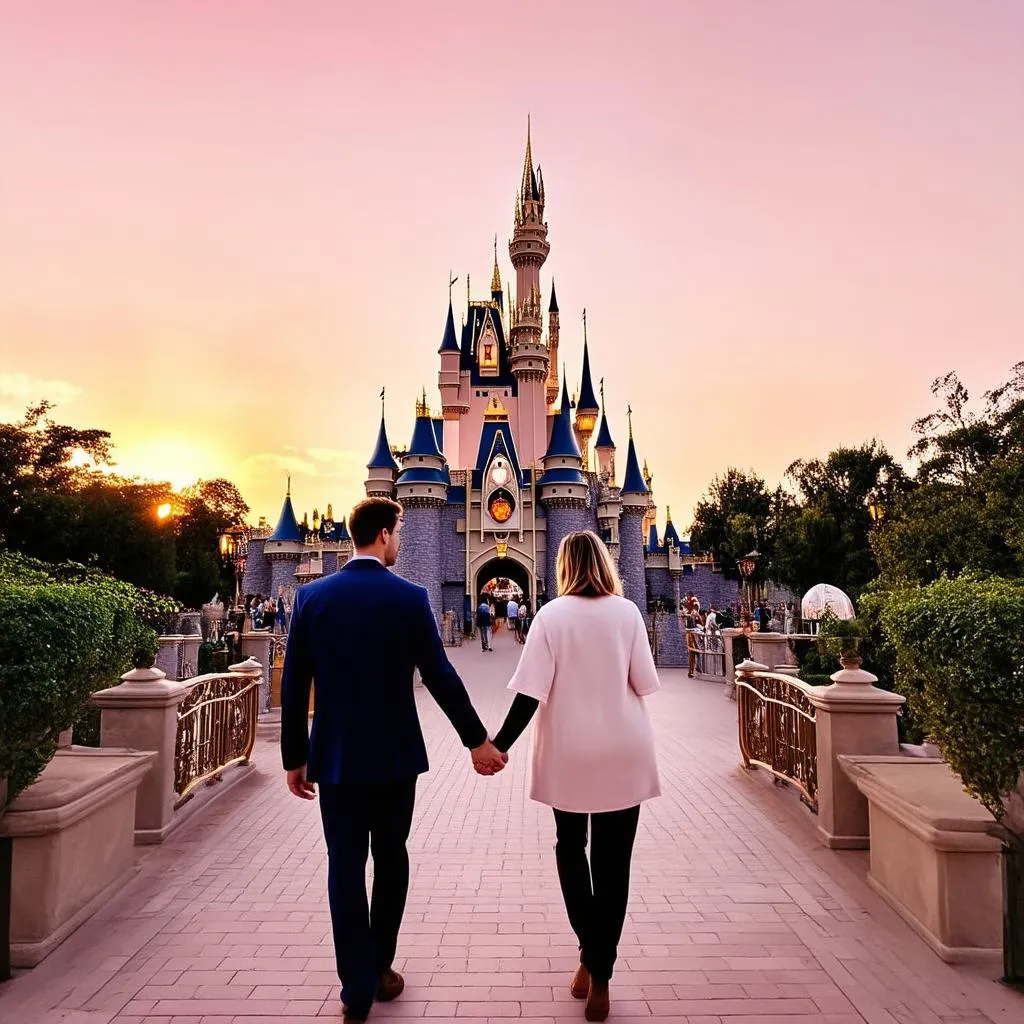 Couple holding hands in Disneyland Paris