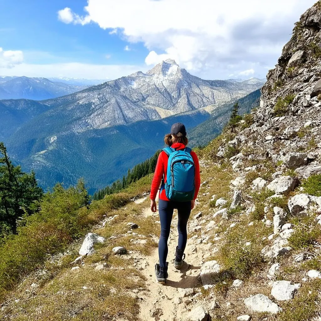 Solo Female Traveler Hiking Mountain